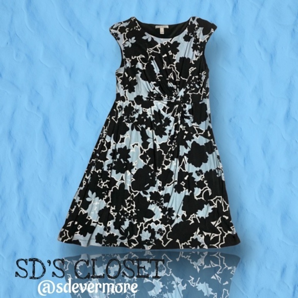 Vintage Dana Buchman Dress With Knot and Blue, White & Black Flower Design EUC